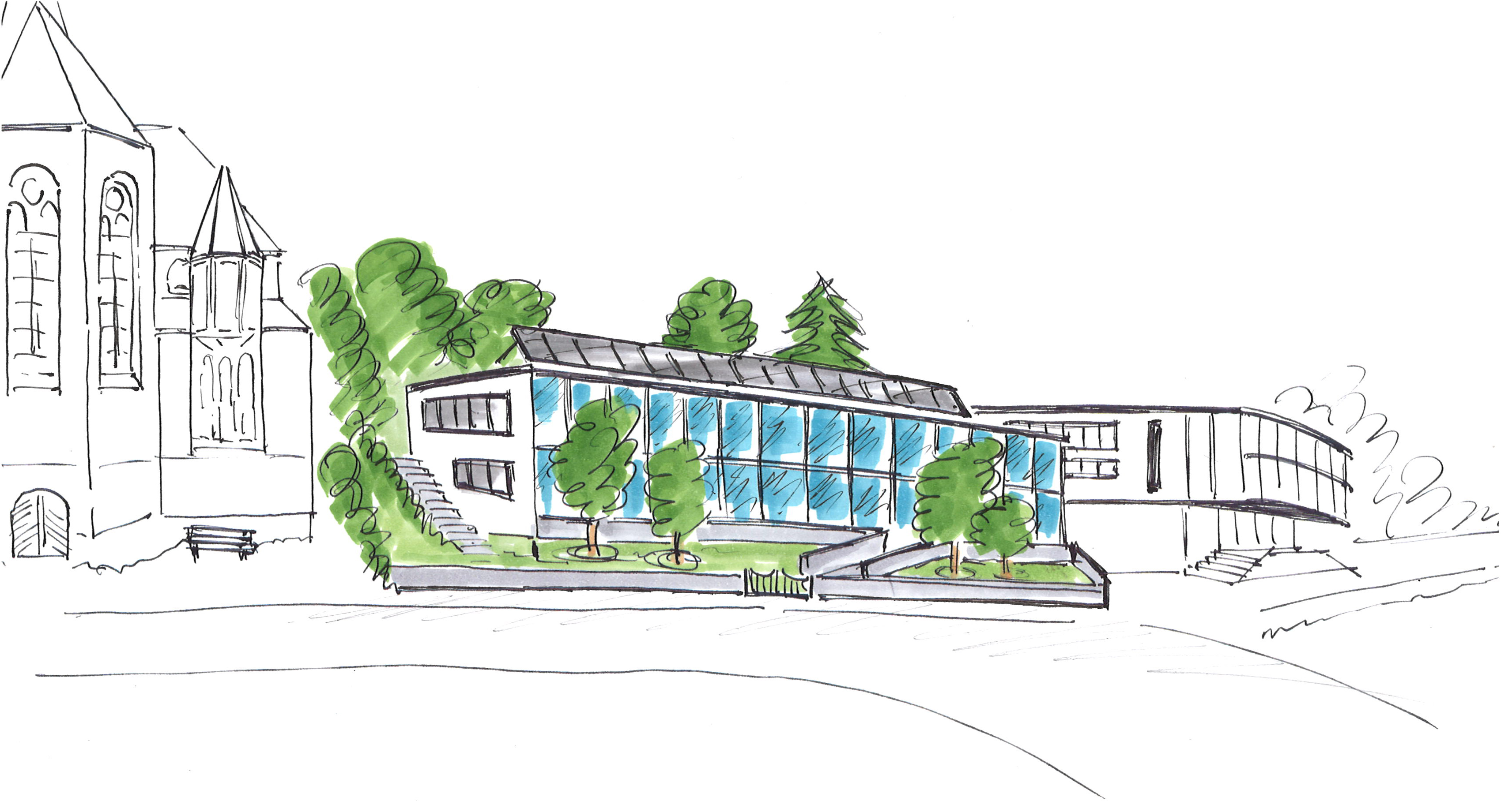 Kita Neubau zwischen katholischer Kirche und Rheinfelshalle